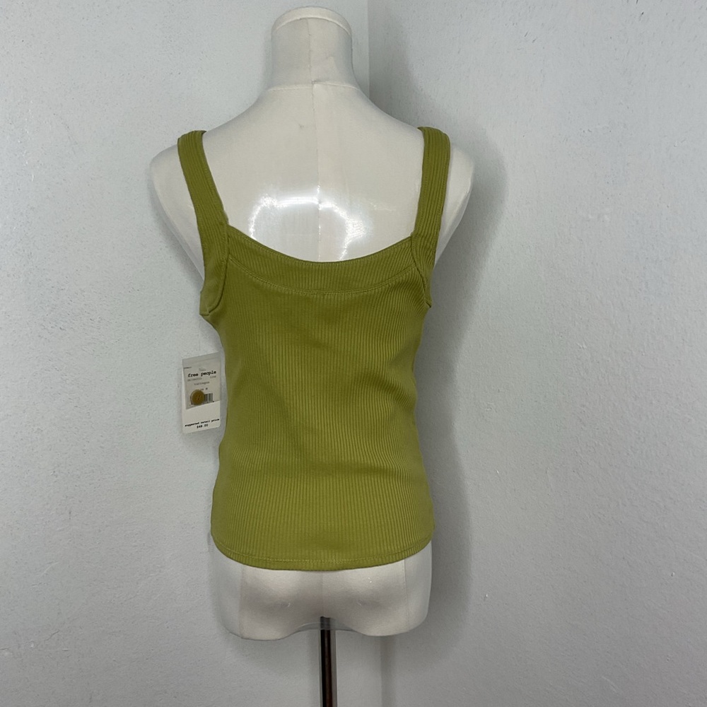FREE PEOPLE Bridgette Ribbed Button Tank Green Cropped Cotton Summer Top M - Picture 4 of 10